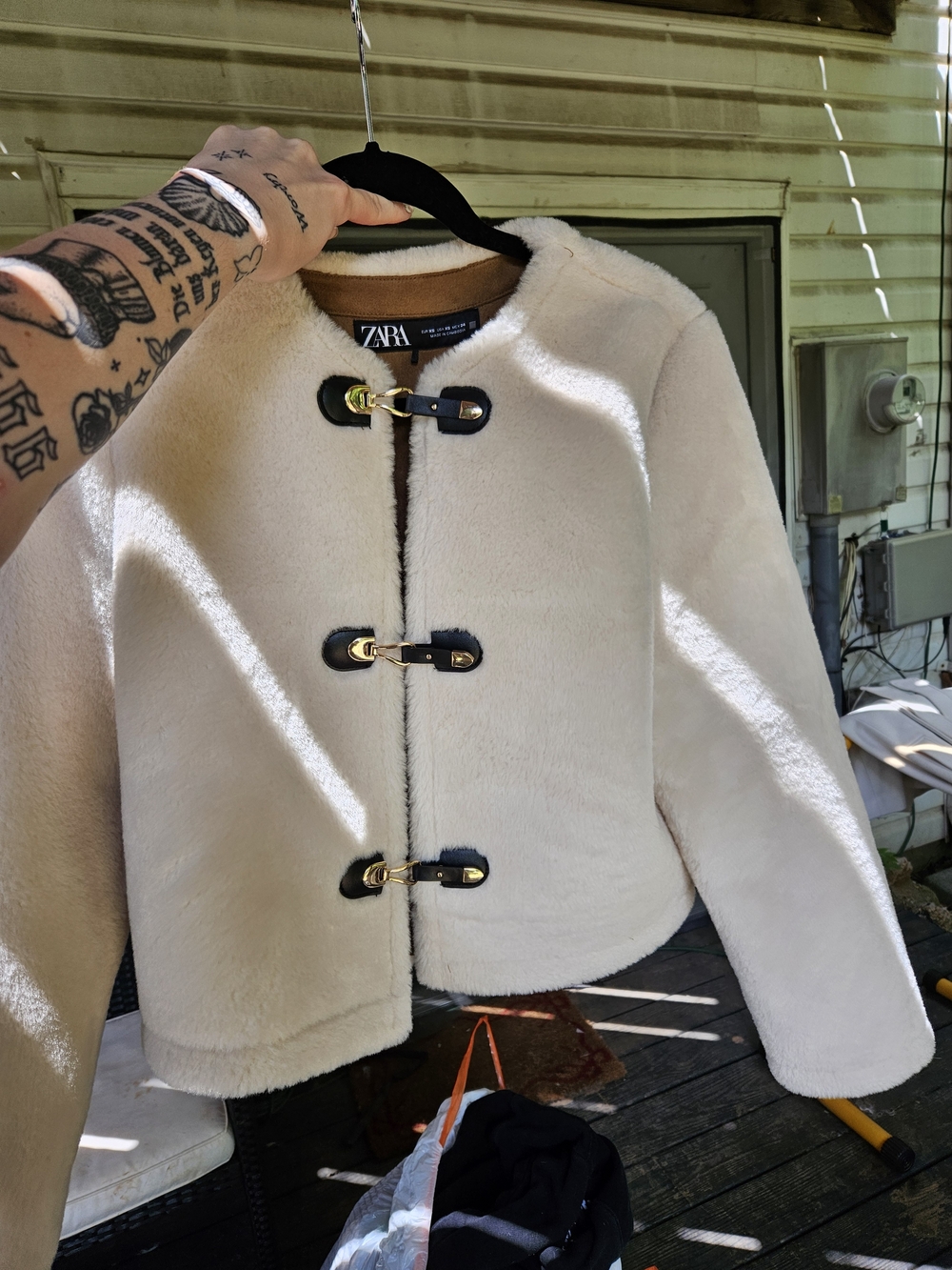 Zara Cream Faux Shearling Jacket with Black Trim & Gold Toggles